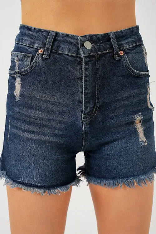 Kadın Püsküllü Kot Şort 5338 - Lacivert