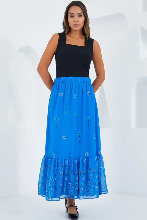 Kadın Saks Desenli Şifon Etek 8010