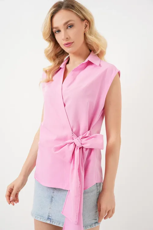 Kadın Sıfır Kol Anvelop Gömlek 20343 - Pembe