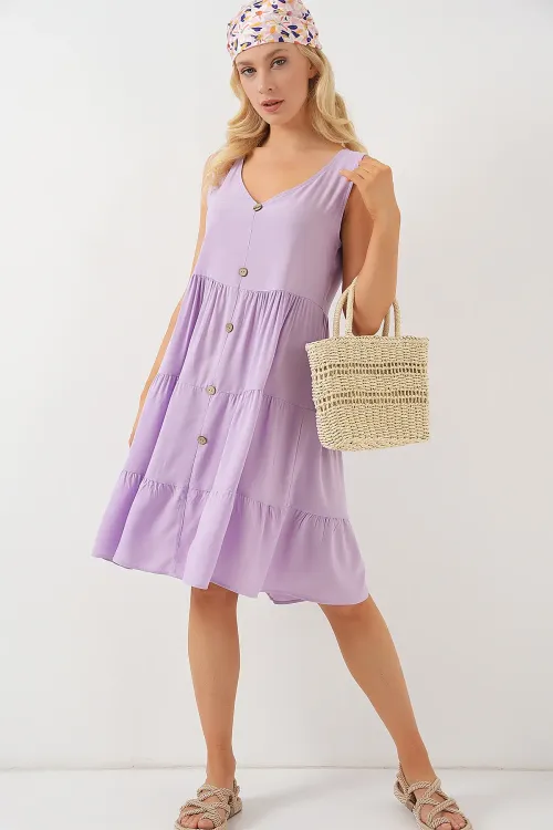 Kadın Sıfır Kol Düğmeli Kısa Elbise 2571 - Lila
