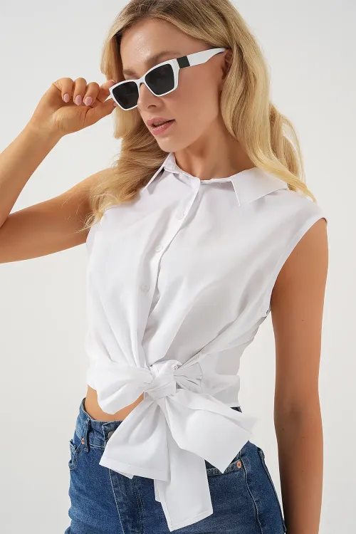 Kadın Sıfır Kol Önü Bağlamalı Gömlek 20340 - Beyaz