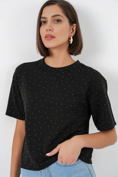 Kadın Taş Detaylı Tişört 990 - Siyah