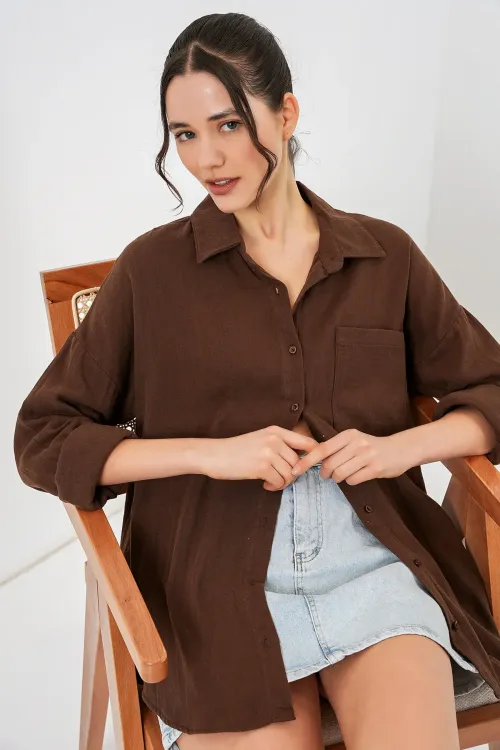 Kadın Tek Cepli Oversize Müslin Gömlek 20353 - Kahverengi