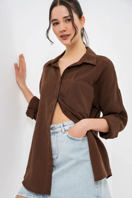 Kadın Tek Cepli Oversize Müslin Gömlek 20353 - Kahverengi