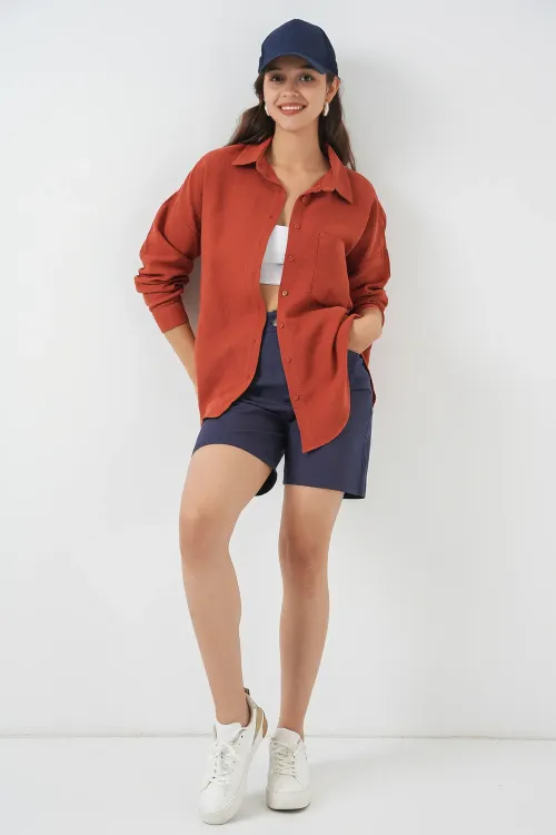 Kadın Tek Cepli Oversize Müslin Gömlek 20353 - Kiremit