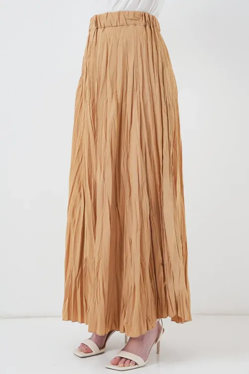 Kadın Uzun Kırışık Etek 8042 - Bisküvi