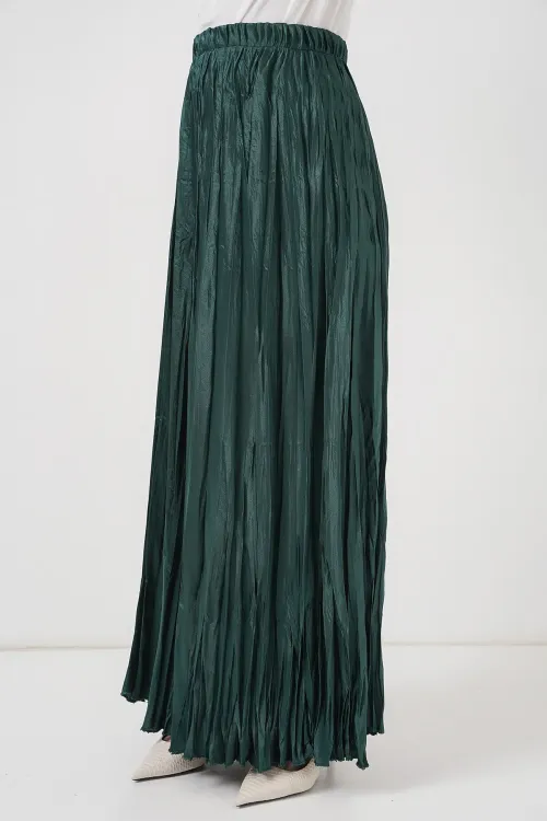 Kadın Uzun Kırışık Parlak Etek 8034 - Zümrüt Yeşili