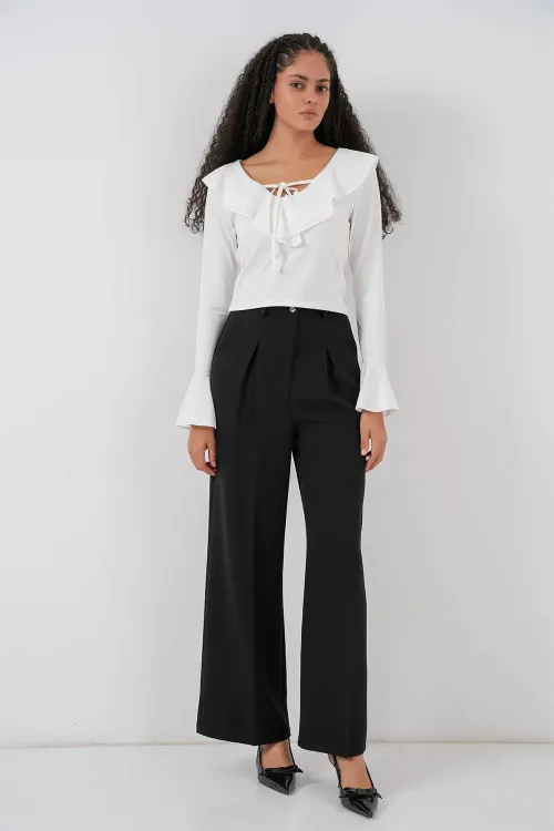 Kadın Uzun Kol Crop Bluz 979 - Beyaz