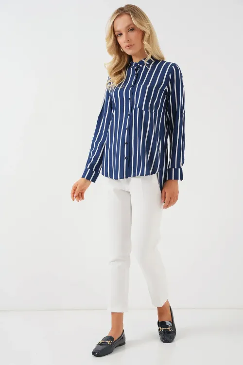 Kadın Uzun Kollu Çizgili Gömlek 20283 - A.Lacivert