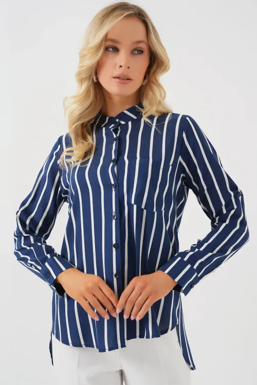 Kadın Uzun Kollu Çizgili Gömlek 20283 - A.Lacivert