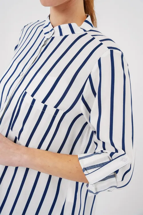 Kadın Uzun Kollu Çizgili Gömlek 20283 - B.Lacivert