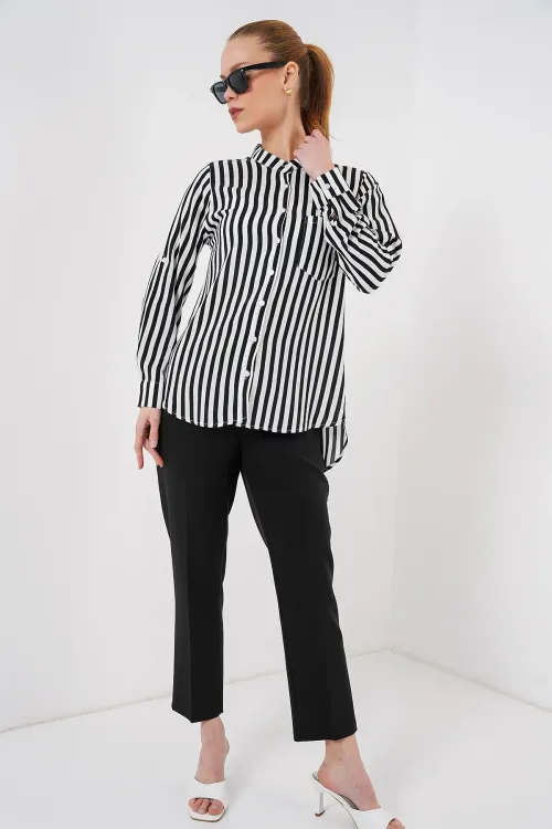 Kadın Uzun Kollu Çizgili Gömlek 20283 - Beyaz