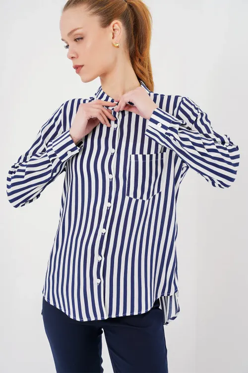 Kadın Uzun Kollu Çizgili Gömlek 20283 - Lacivert