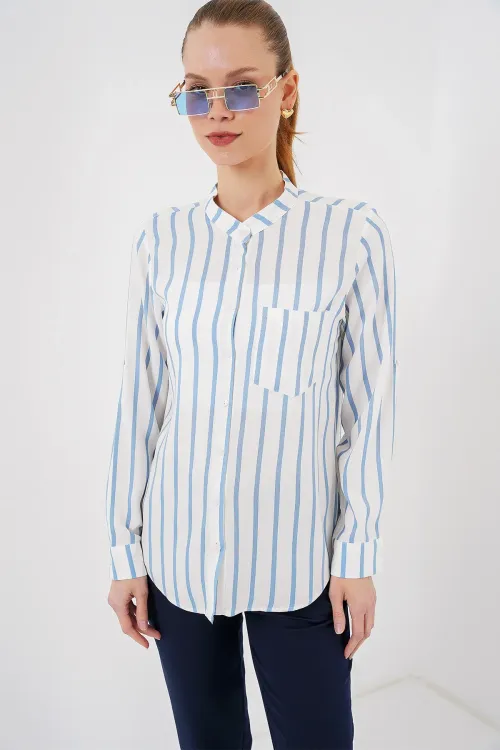 Kadın Uzun Kollu Çizgili Gömlek 20283 - Mavi