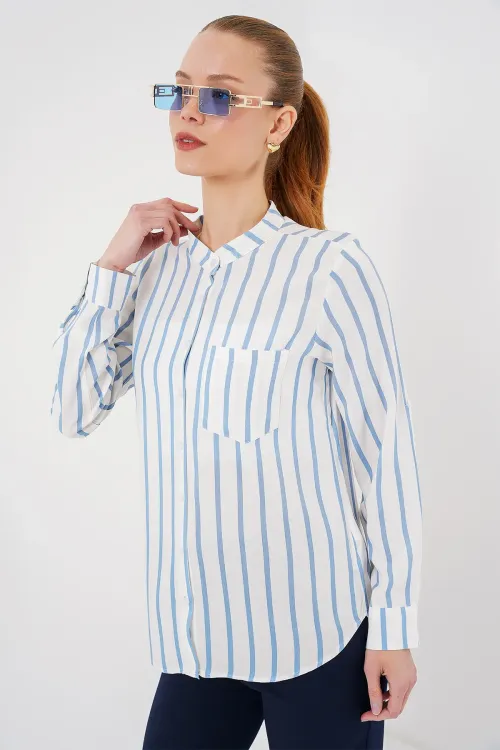 Kadın Uzun Kollu Çizgili Gömlek 20283 - Mavi