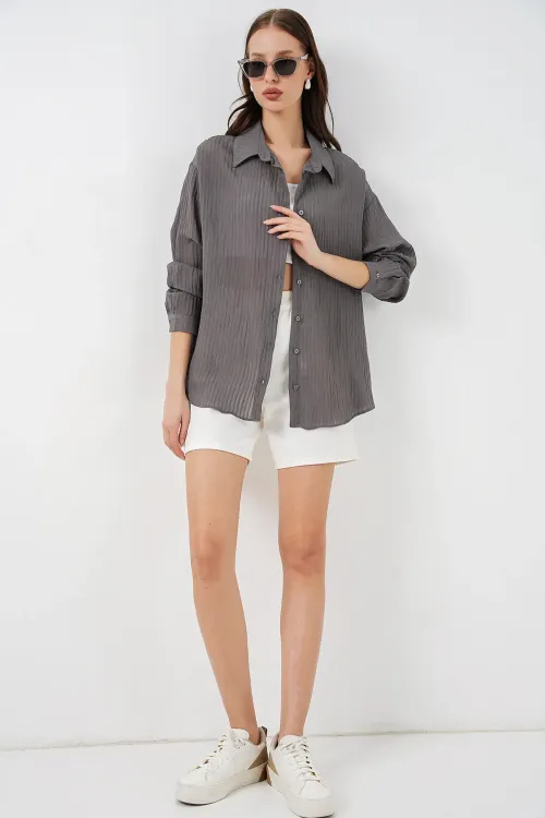 Kadın Uzun Oversize Gömlek 20320 - Antrasit