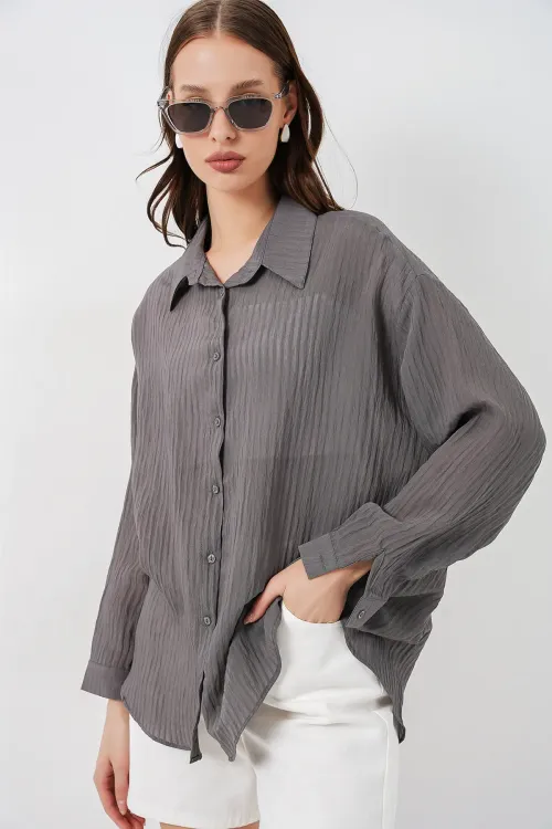 Kadın Uzun Oversize Gömlek 20320 - Antrasit