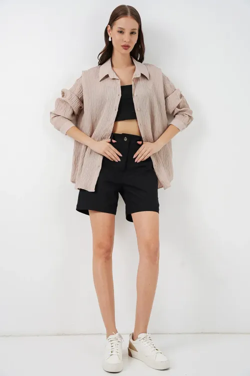 Kadın Uzun Oversize Gömlek 20320 - Bej