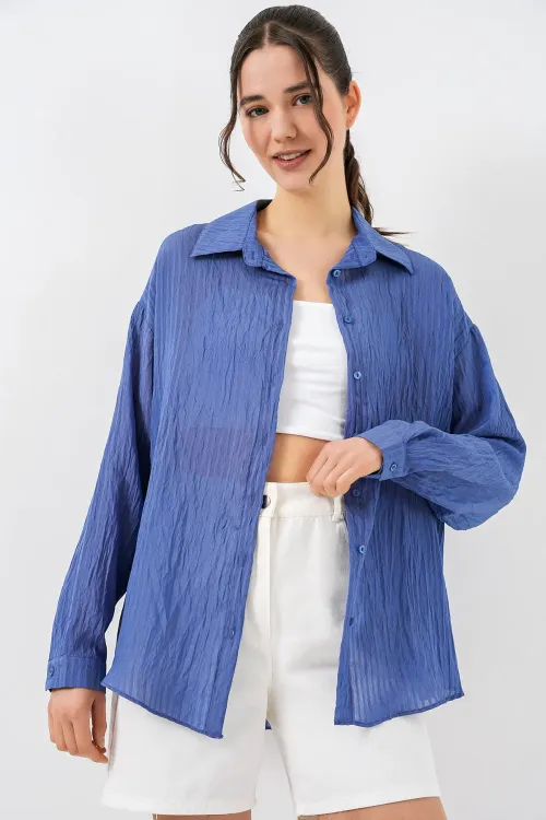 Kadın Uzun Oversize Gömlek 20320 - İndigo