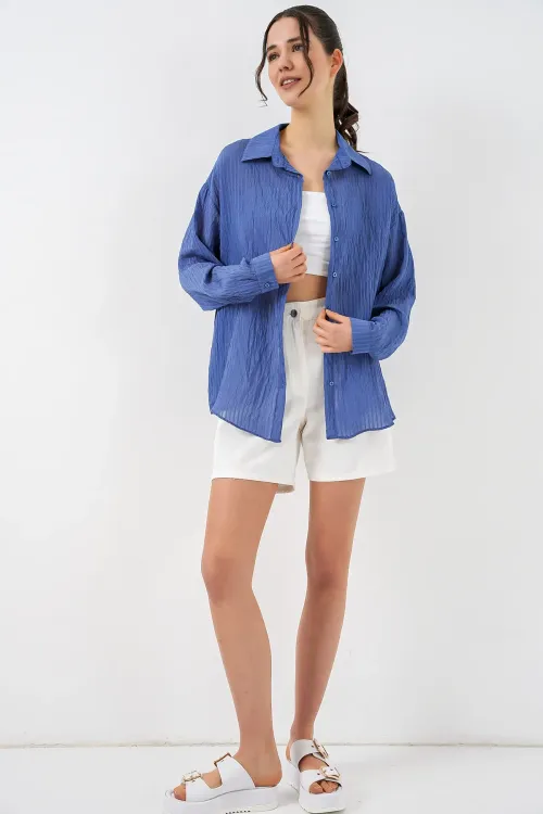 Kadın Uzun Oversize Gömlek 20320 - İndigo