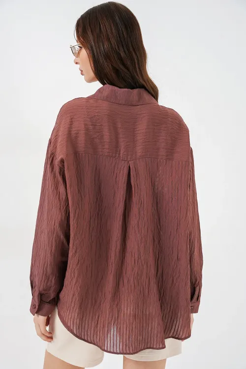 Kadın Uzun Oversize Gömlek 20320 - Kahverengi