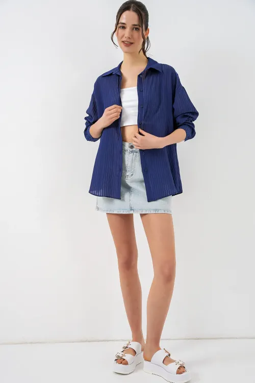 Kadın Uzun Oversize Gömlek 20320 - Lacivert