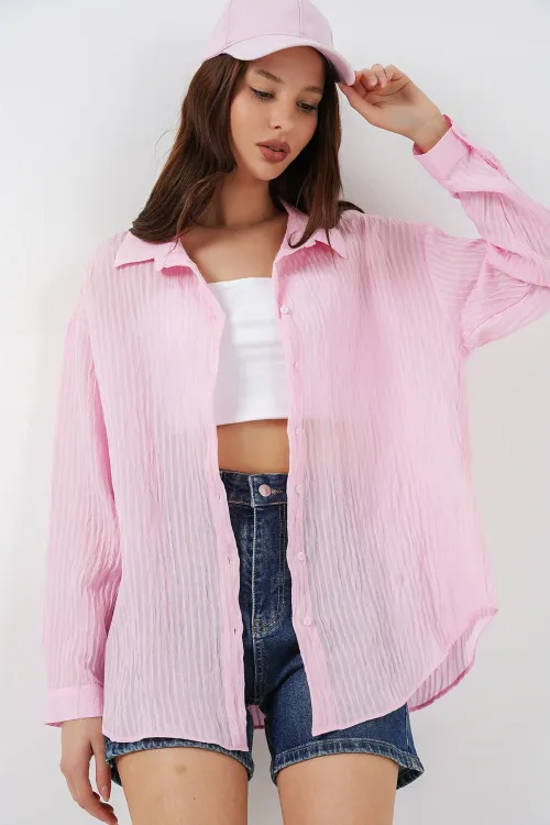 Kadın Uzun Oversize Gömlek 20320 - Pudra