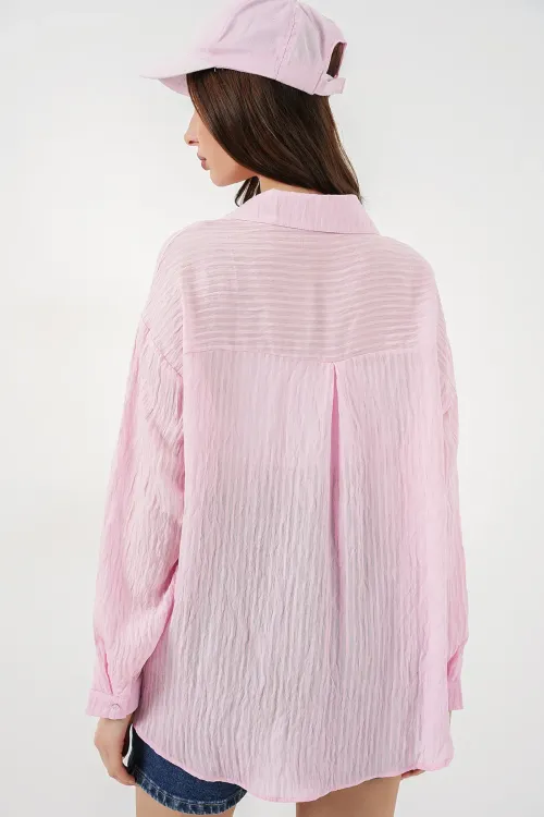 Kadın Uzun Oversize Gömlek 20320 - Pudra