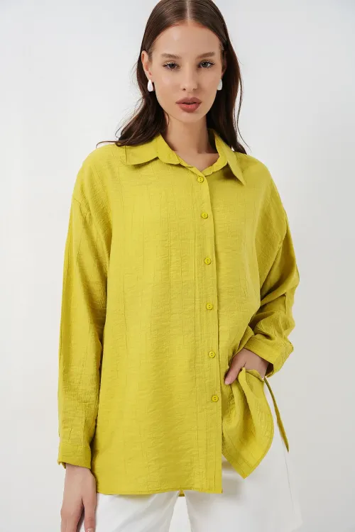 Kadın Uzun Oversize Gömlek 20334 - Hardal