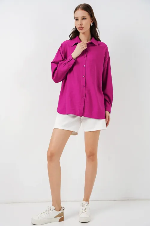 Kadın Uzun Oversize Gömlek 20334 - Koyu Pembe