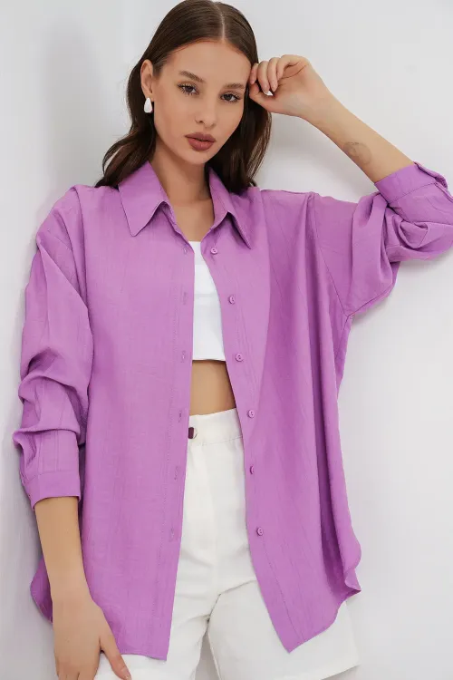 Kadın Uzun Oversize Gömlek 20334 - Lila