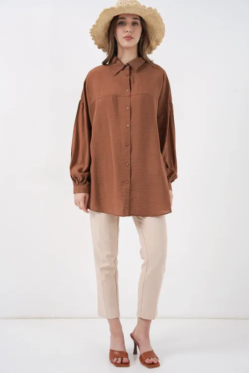 Kadın Uzun Oversize Gömlek 5965 - Sütlü Kahve