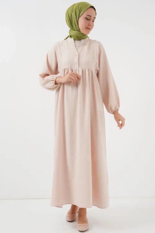 Kadın Uzun Tesettür Elbise 2525 - Krem