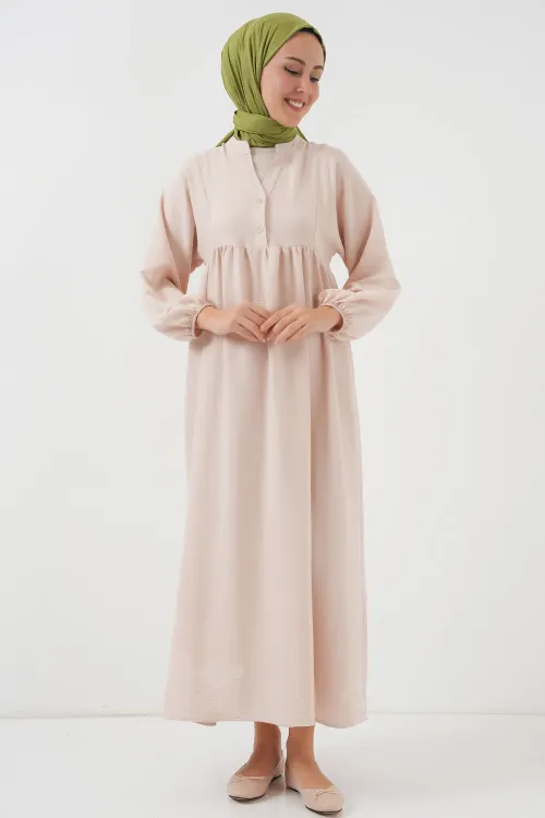Kadın Uzun Tesettür Elbise 2525 - Krem