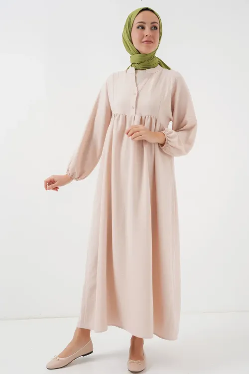 Kadın Uzun Tesettür Elbise 2525 - Krem