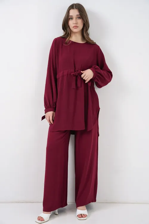 Kadın Uzun Tunik Pantolon İkili Takım 6719 - Bordo