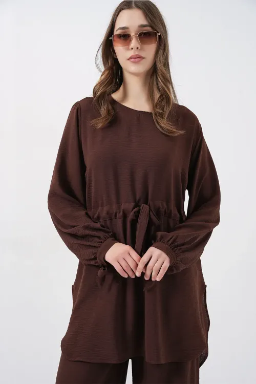 Kadın Uzun Tunik Pantolon İkili Takım 6719 - Kahverengi