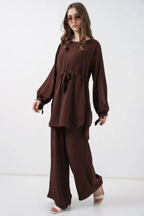 Kadın Uzun Tunik Pantolon İkili Takım 6719 - Kahverengi