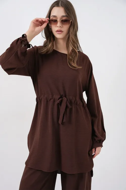 Kadın Uzun Tunik Pantolon İkili Takım 6719 - Kahverengi