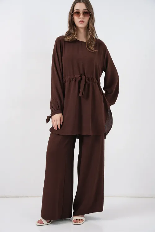 Kadın Uzun Tunik Pantolon İkili Takım 6719 - Kahverengi