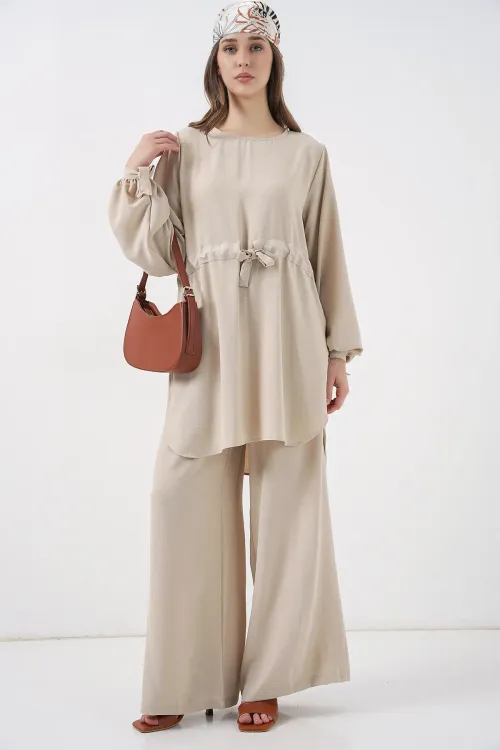 Kadın Uzun Tunik Pantolon İkili Takım 6719 - Krem