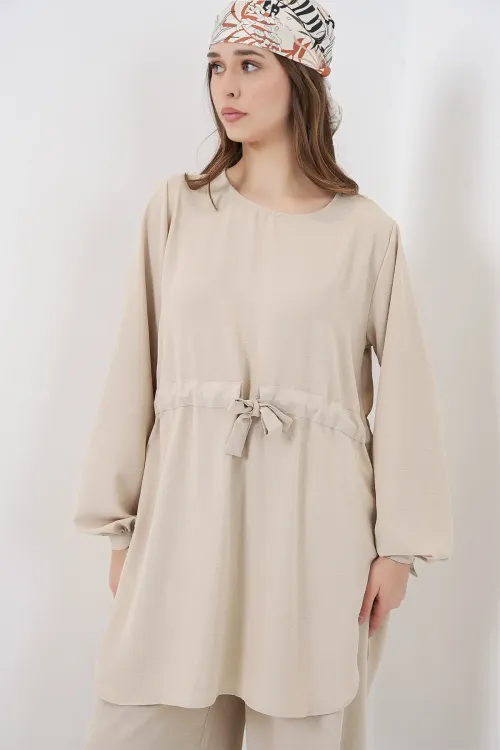 Kadın Uzun Tunik Pantolon İkili Takım 6719 - Krem