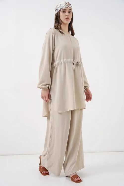 Kadın Uzun Tunik Pantolon İkili Takım 6719 - Krem