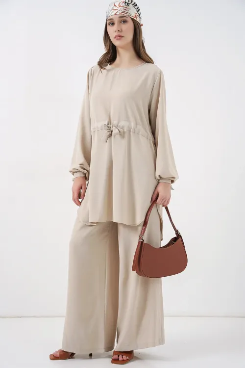 Kadın Uzun Tunik Pantolon İkili Takım 6719 - Krem
