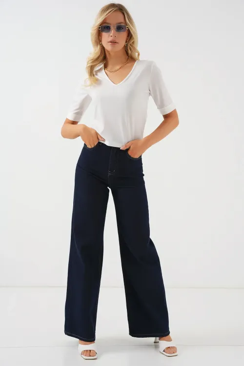 Kadın V Yaka Kısa Kol Basic Bluz 955 - Beyaz