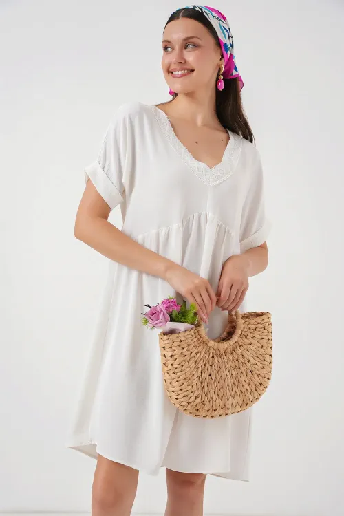 Kadın V Yaka Kısa Kol Elbise 2567 - Beyaz