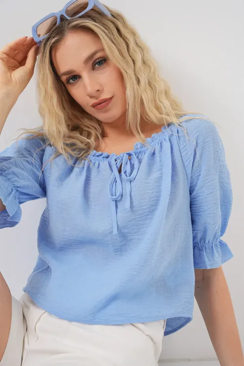 Kadın Yakası Fırfır Detaylı Bluz 959 - Mavi