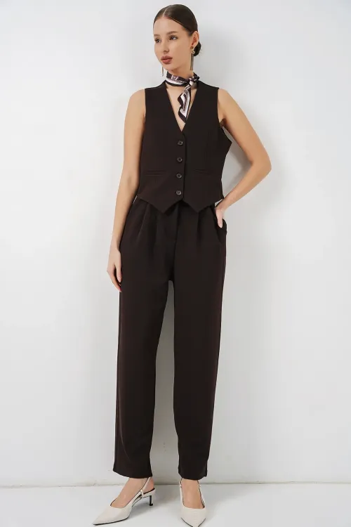 Kadın Yelek Pantolon İkili Takım 30091 - Kahverengi