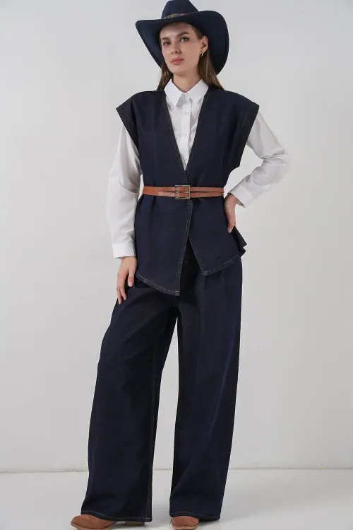 Kadın Yelek Pantolon Kot İkili Takım 30062 - Koyu Mavi