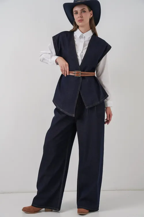 Kadın Yelek Pantolon Kot İkili Takım 30062 - Koyu Mavi